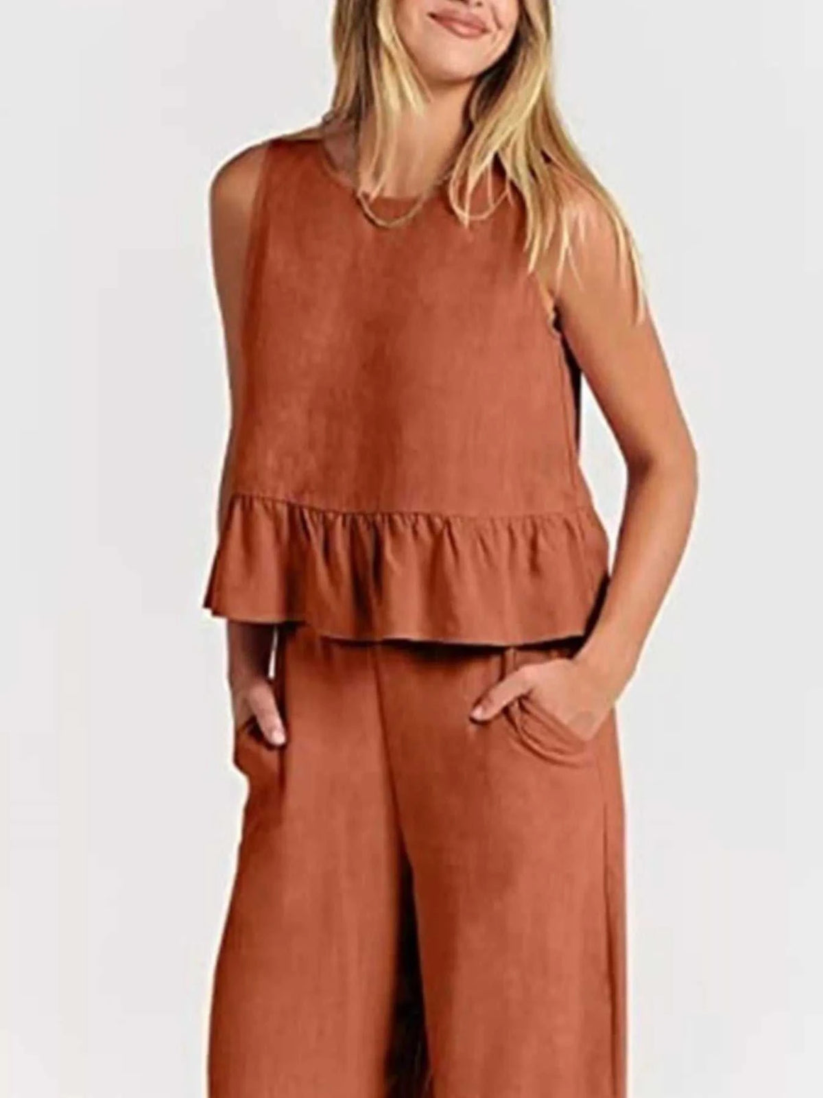 Full Size Ruffled Hem Sleeveless Top and Wide-Leg Pants Set Plus Size 100100048319818 31 Affordable Fashion Under $100 Jerry's Apparel 