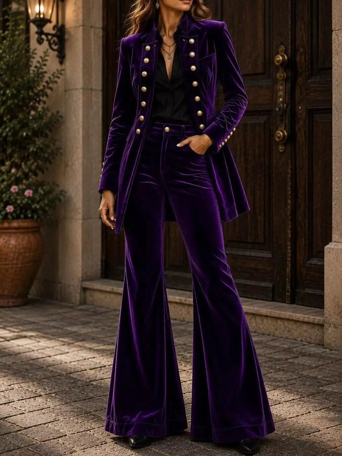 Velvet Double-Breasted Blazer and Flare Pants Set 101001710079074 99 Affordable Fashion Under $100 Jerry's Apparel 