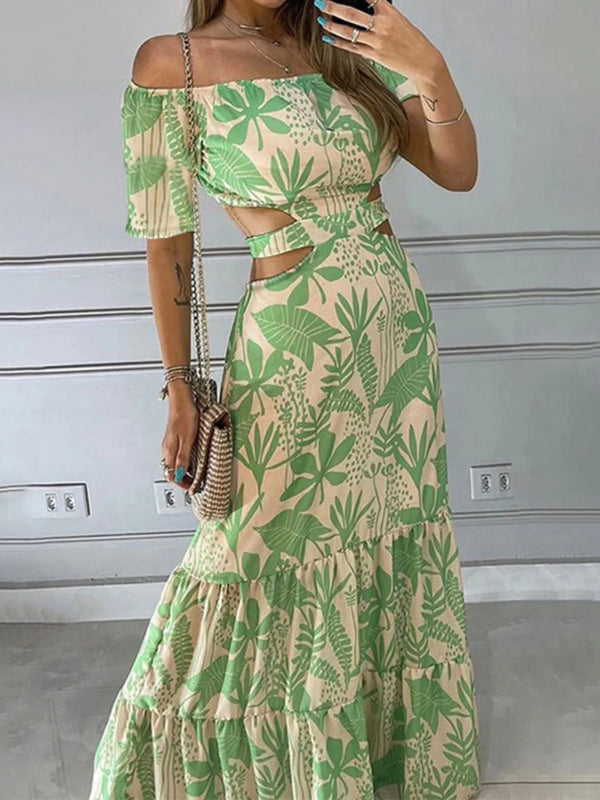 Full Size Cutout Off-Shoulder Printed Maxi Dress Plus Size
