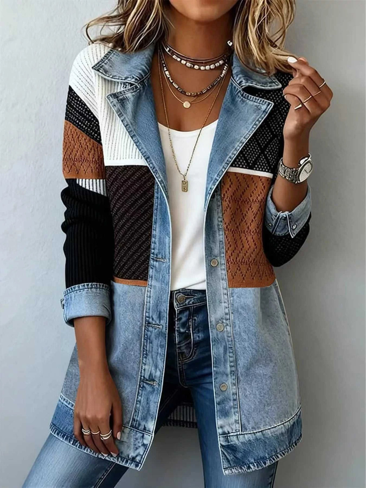 Color-Block Denim and Knit Patchwork Casual Jacket 101003714715332 52 Affordable Fashion Under $100 Jerry's Apparel 