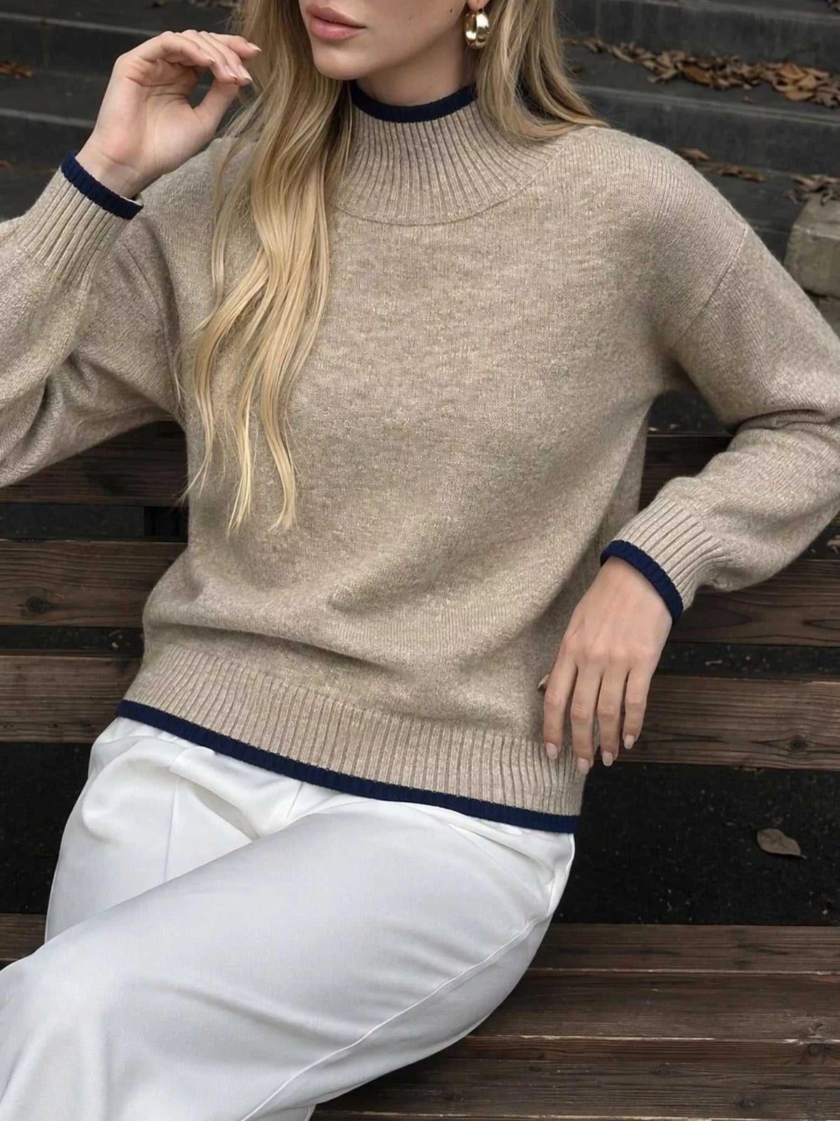 Cozy Mock Neck Sweater with Contrast Trim 100100811272855 41 Women's Sweaters and Knitwear Jerry's Apparel 