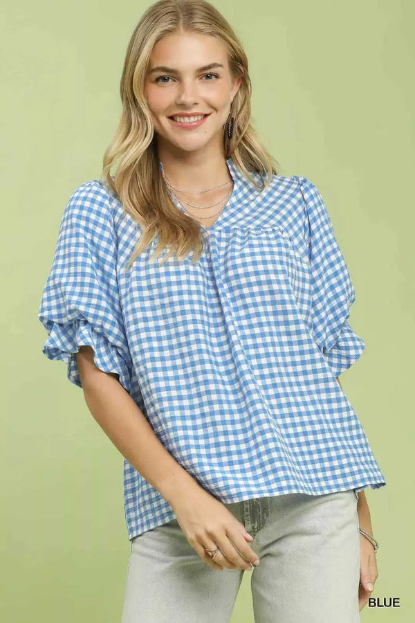 Umgee Gingham Check Blouse with Ruffle Sleeves 100100880841816 47 Affordable Fashion Under $100 Jerry's Apparel 