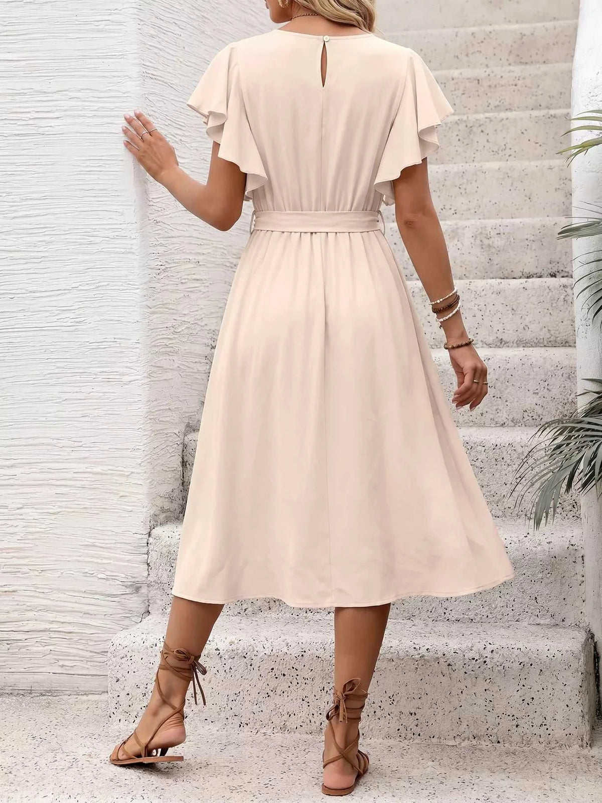 Ruffle Sleeve Tie Waist Midi Dress 100100782574202 39 Women's Midi Dress Affordable Boutique Dresses Under $50 Jerry's Apparel 
