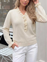 Ruffle Trim Pearl Button V-Neck Knit Top 100100535859062 43 Affordable Fashion Under $100 Jerry's Apparel 