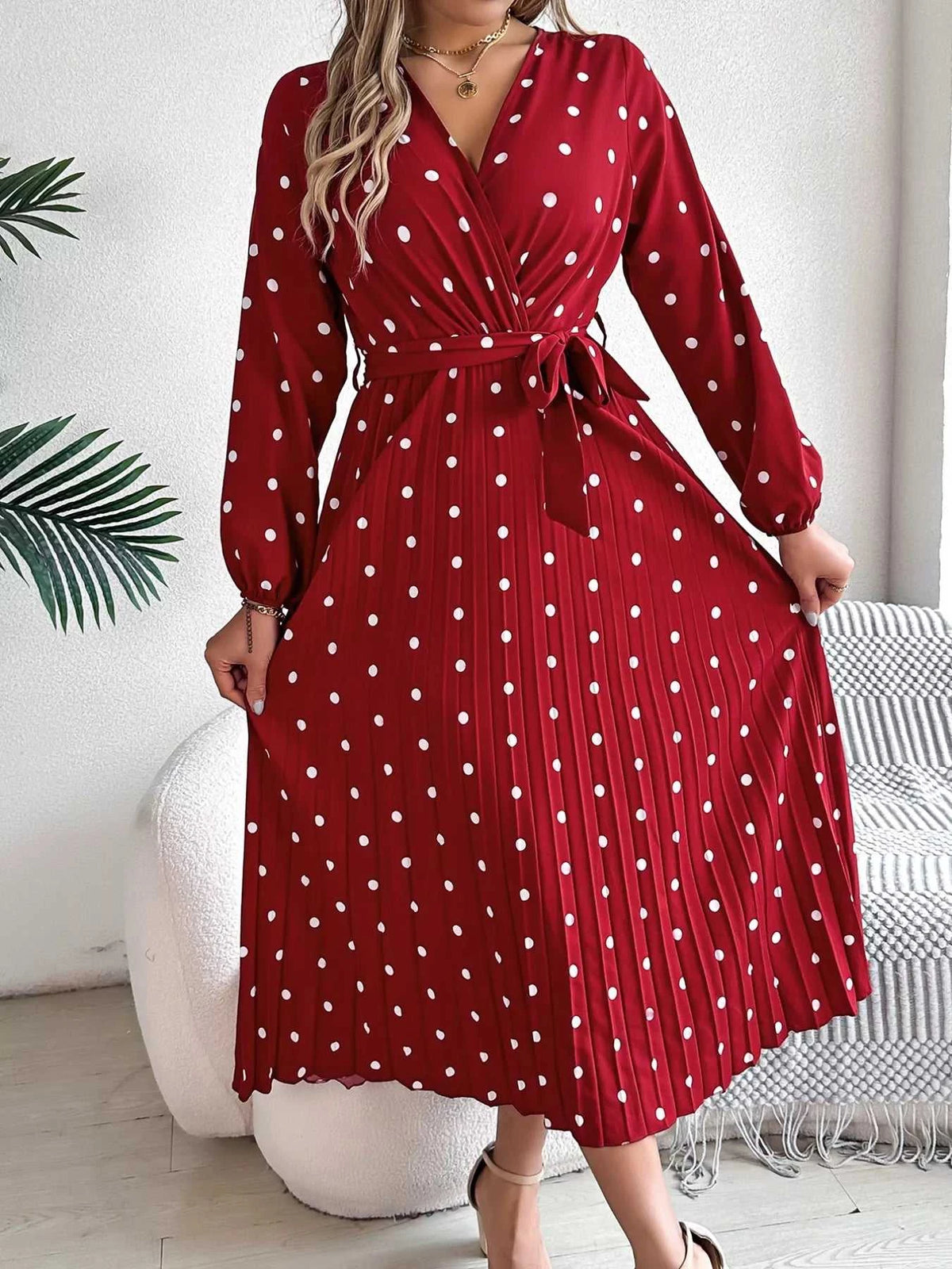 Front Tie Polka Dot Midi Pleated Dress 100100612892124 36 Gifts for Her Jerry's Apparel 