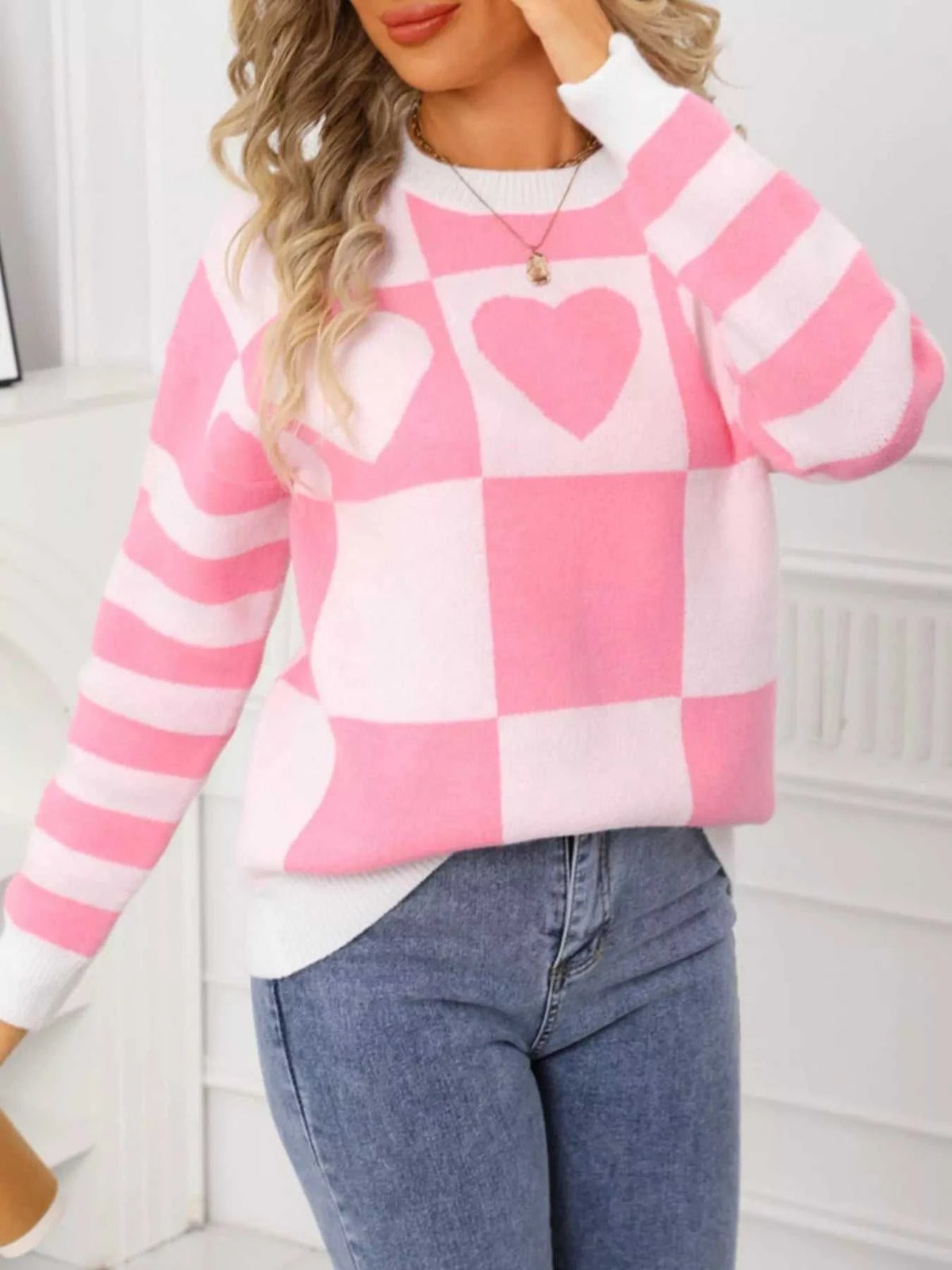 Heart Pattern Checkerboard Knit Sweater 100100337123266 46 Affordable Fashion Under $100 Jerry's Apparel 