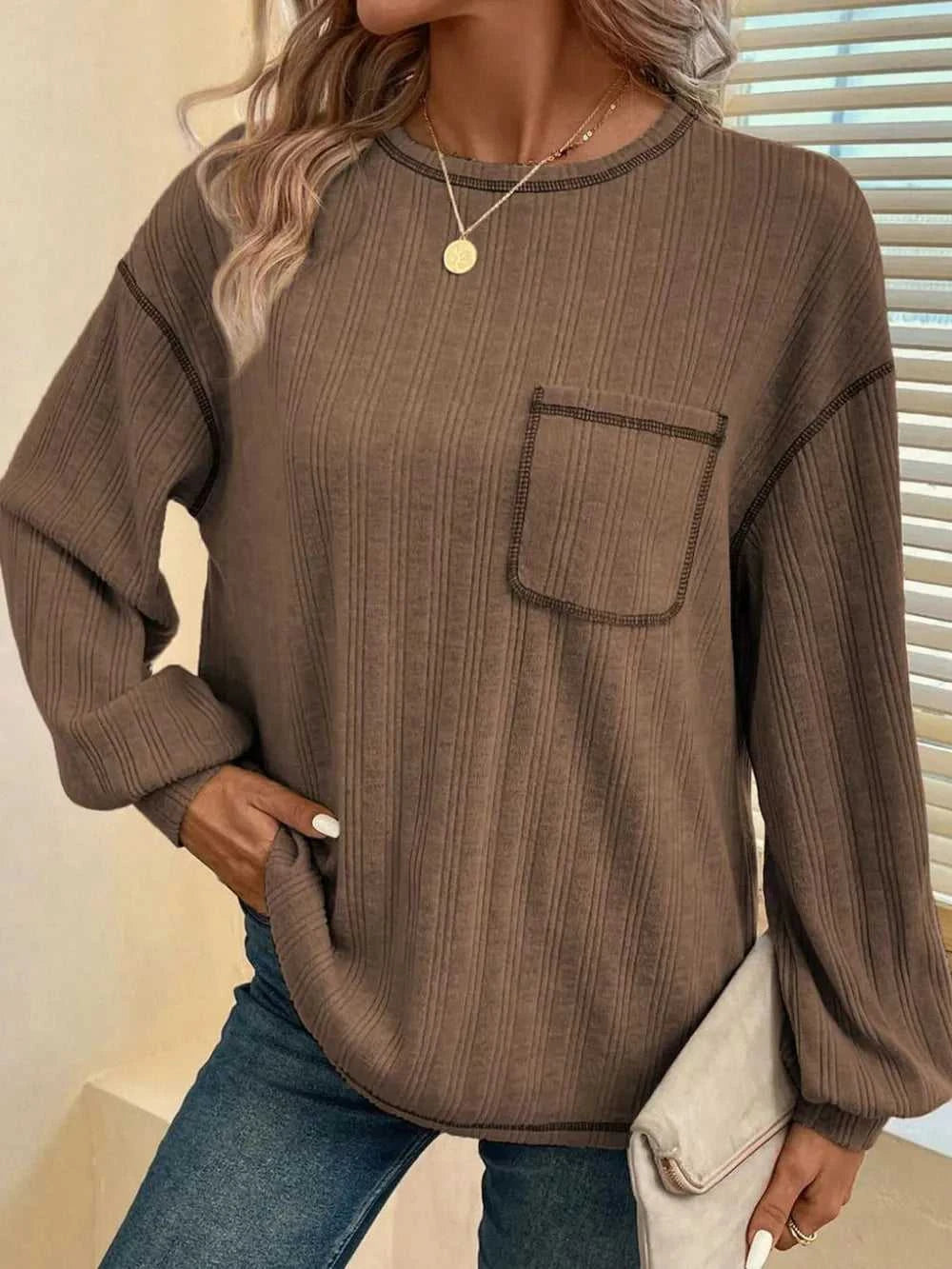 Mandy Contrast Stitching Round Neck Long Sleeve T-Shirt 100100832611725 32 Affordable Fashion Under $100 Jerry's Apparel 