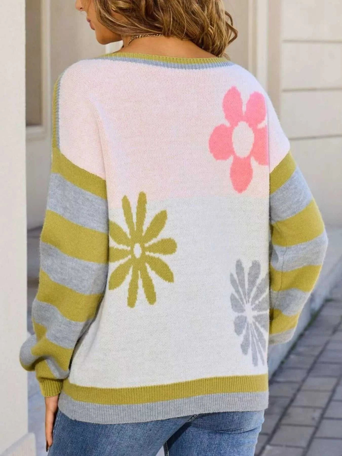Floral Striped Sleeve Round Neck Sweater 100100273694398 49 Affordable Fashion Under $100 Jerry's Apparel 