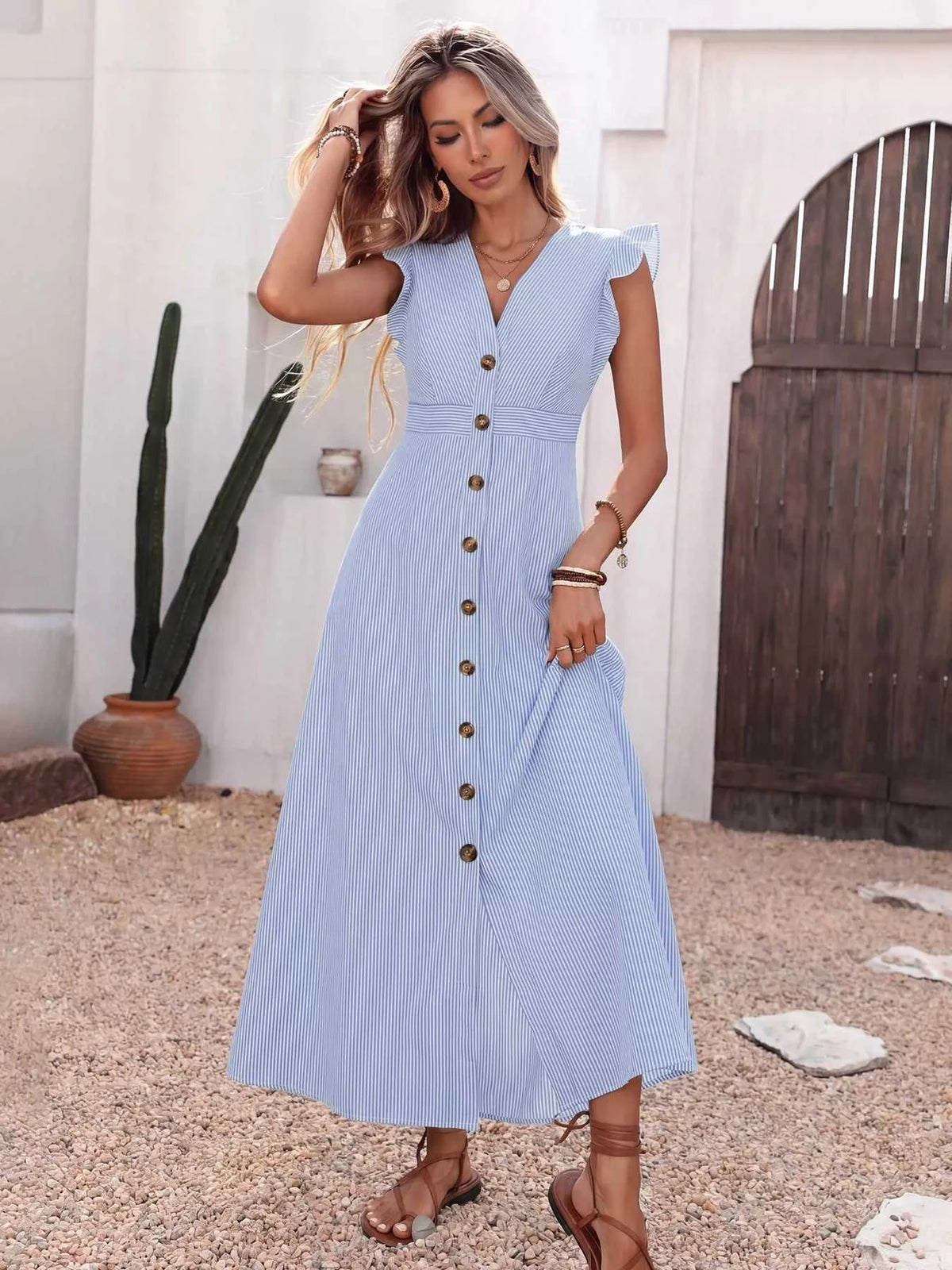 Ruffle Sleeve Button Front Midi Dress 100100781740185 42 Affordable Fashion Under $100 Jerry's Apparel 