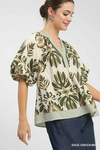 Umgee Mix Printed Puff Sleeve Top with Contrast Trim 100100368811018 47 Affordable Fashion Under $100 Jerry's Apparel 