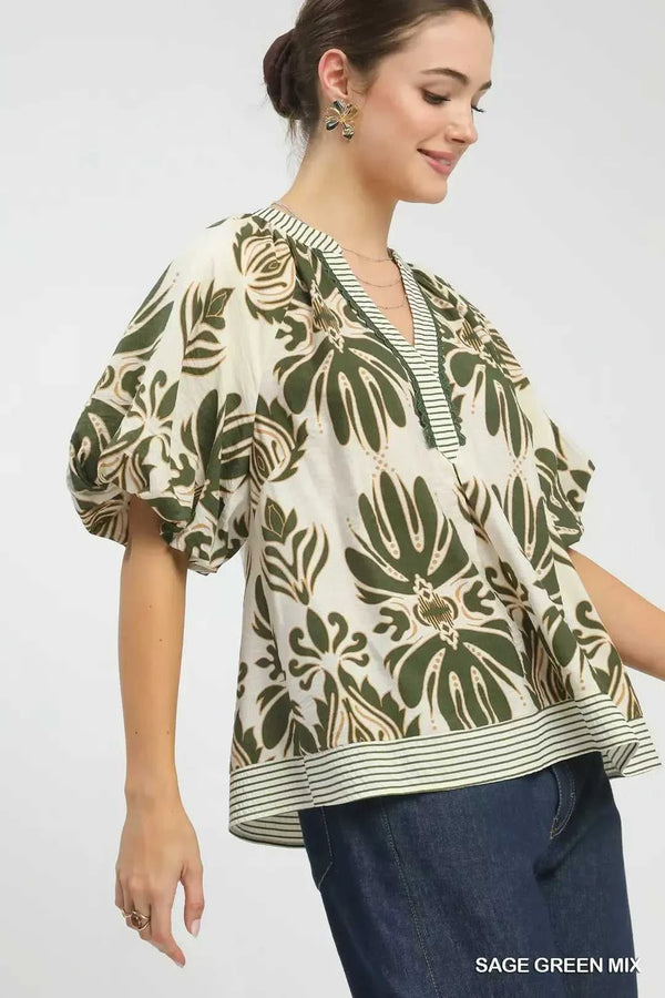 Umgee Mix Printed Puff Sleeve Top with Contrast Trim 100100368811018 47 Affordable Fashion Under $100 Jerry's Apparel 