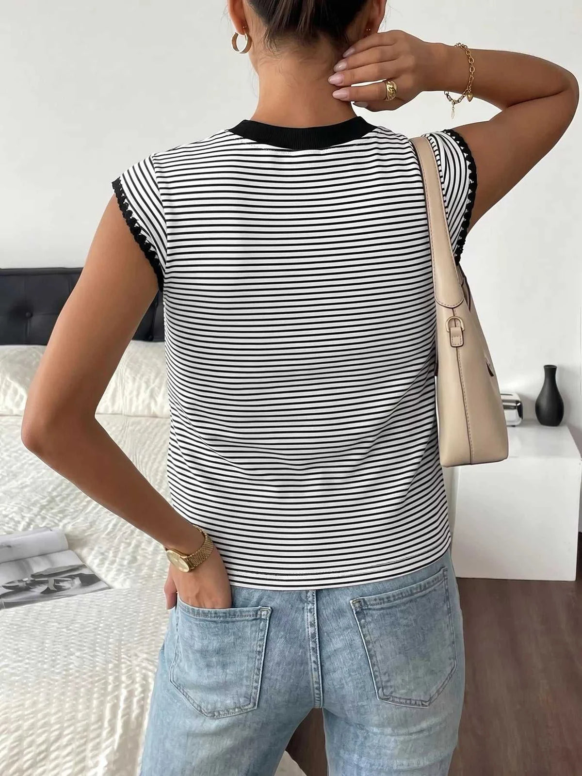 Classic Striped Crew Neck T-Shirt 100100609256431 26 Women's T-shirts Affordable Fashion Under $100 Jerry's Apparel 