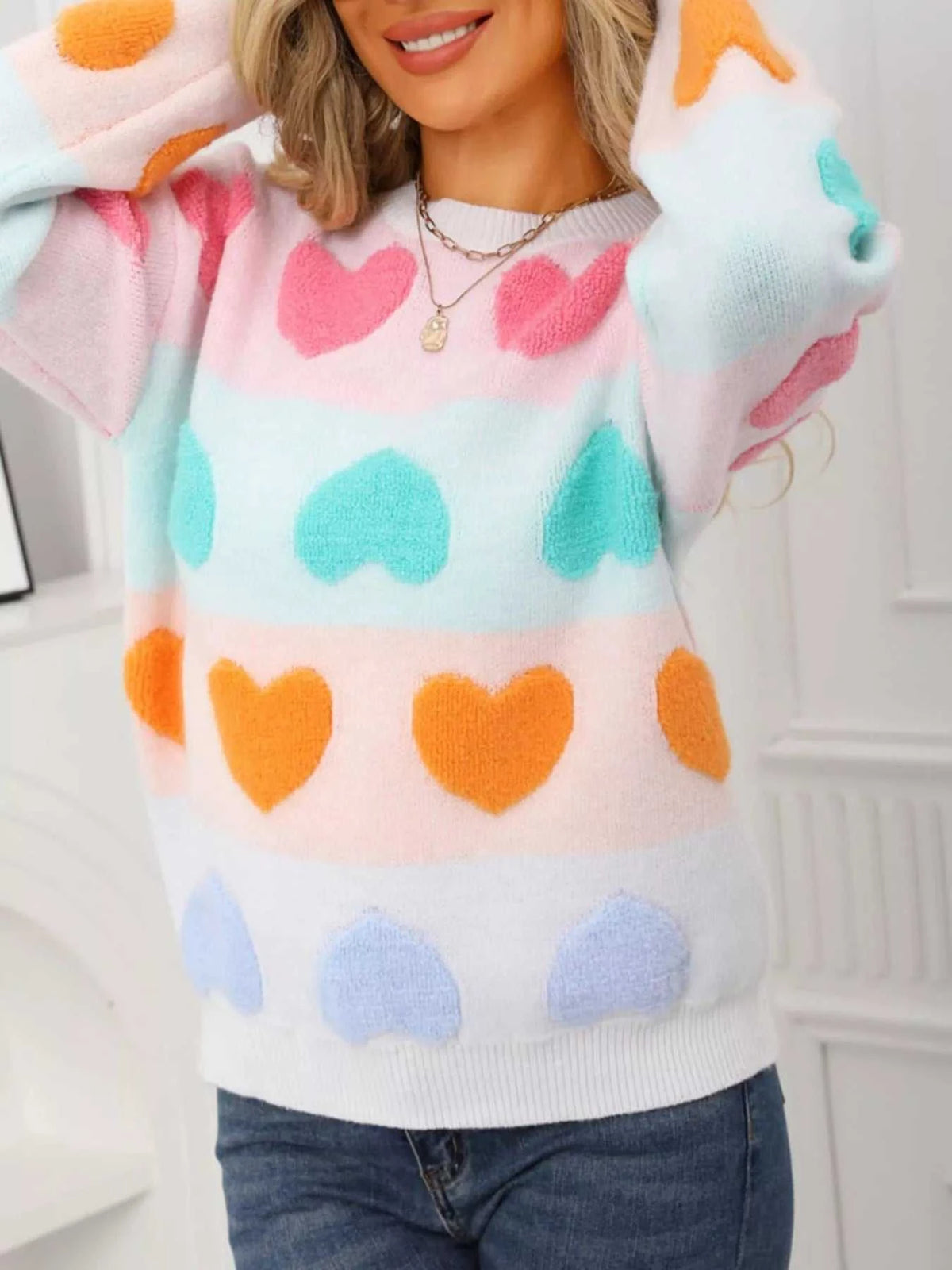 Valentine's Day Heart Pattern Fuzzy Knit Sweater 100100216252554 50 Gifts for Her Jerry's Apparel 