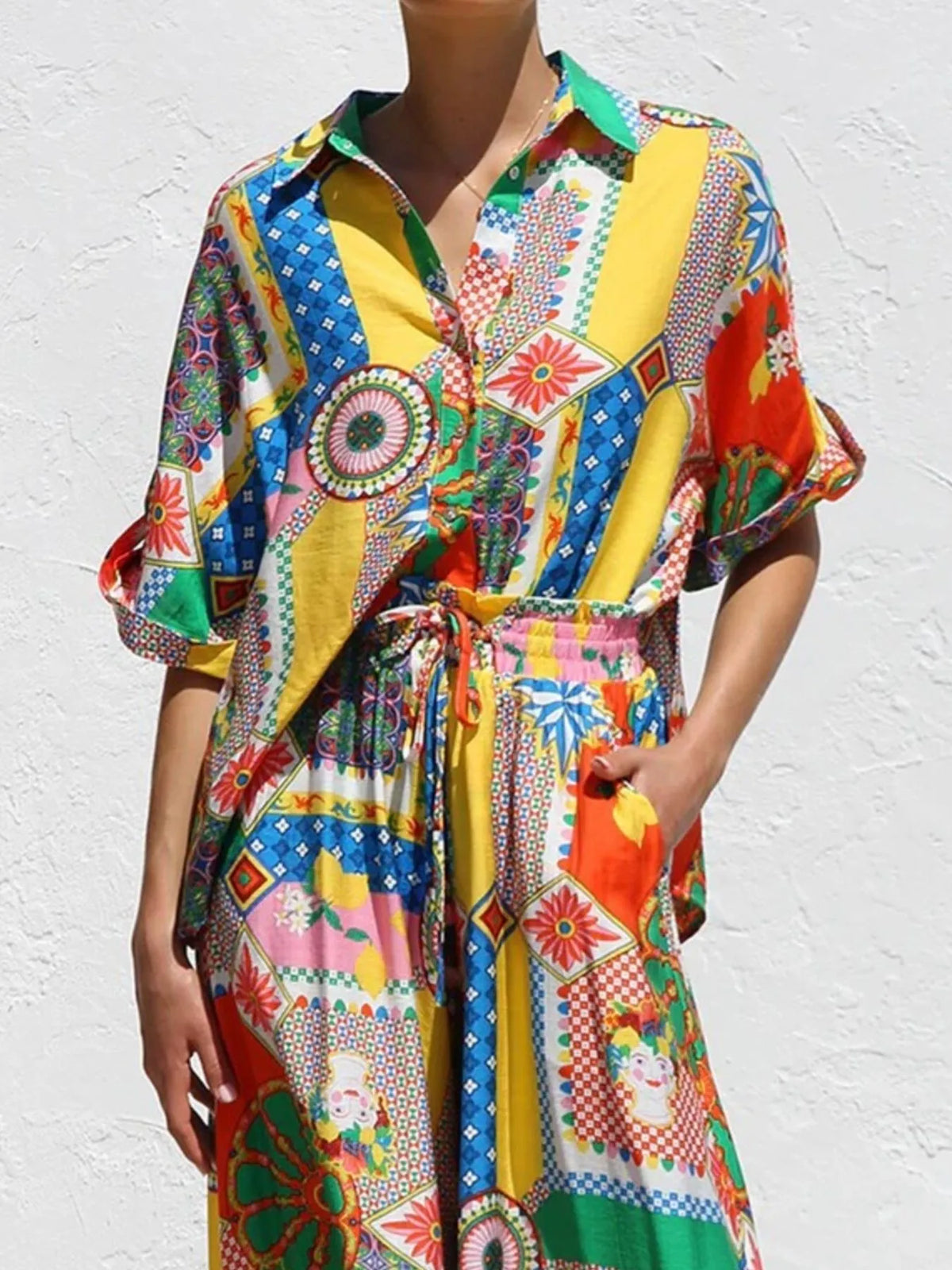 Printed Button Up Shirt and Pants Set