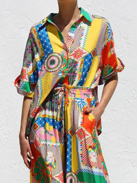 Printed Button Up Shirt and Pants Set