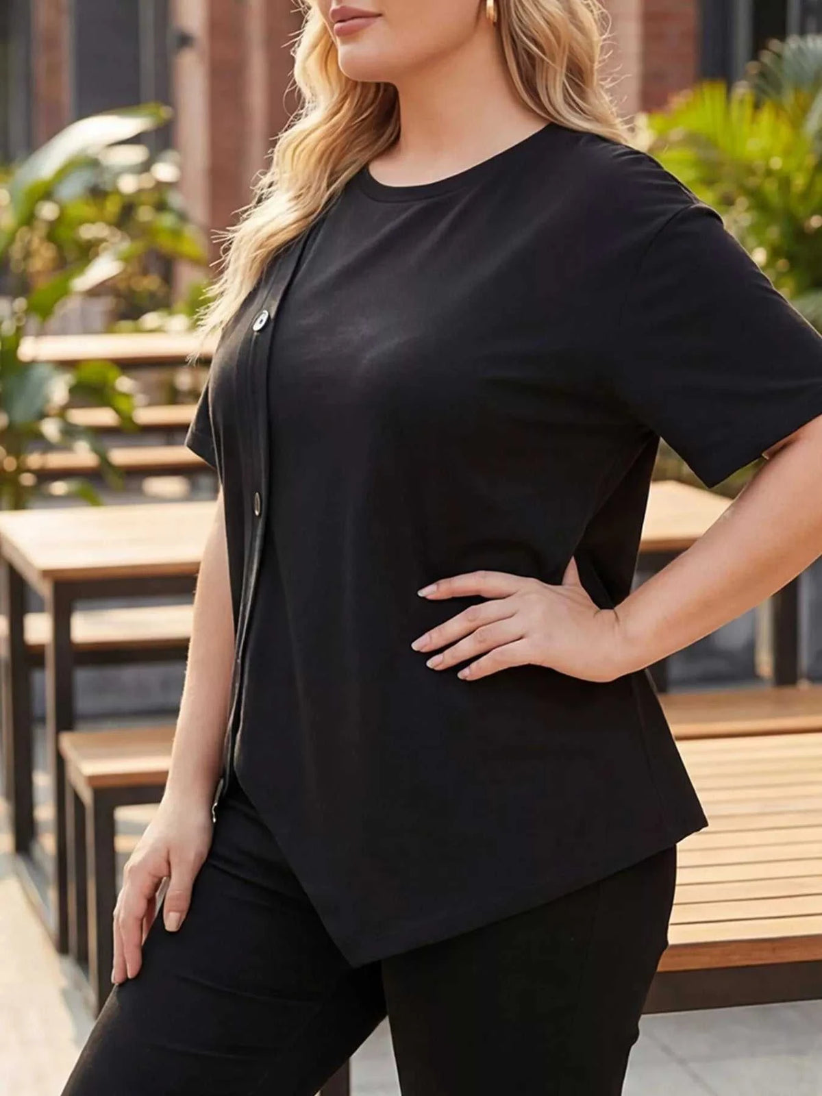 Plus Size Asymmetrical Button Decor Short Sleeve T-Shirt 100100218332684 34 Affordable Fashion Under $100 Jerry's Apparel 