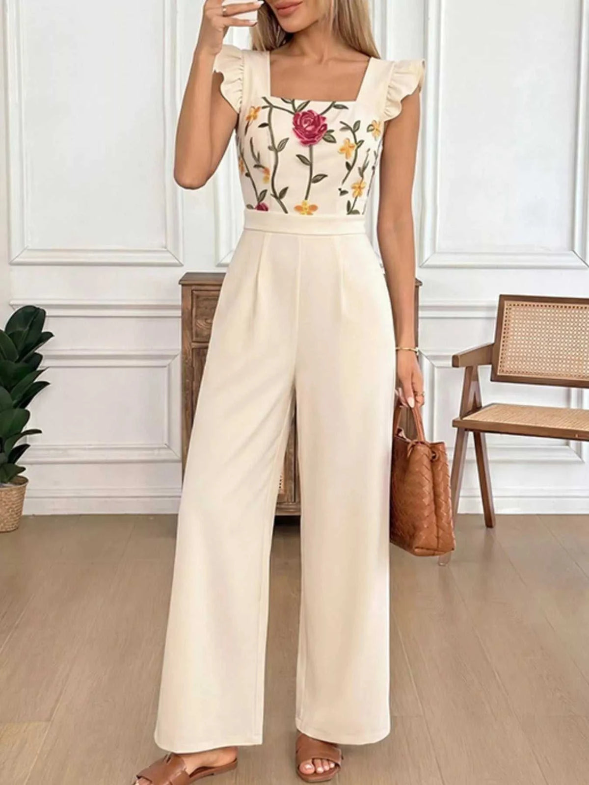 Floral Embroidered Ruffle Trim Jumpsuit 100100569039389 49 Affordable Fashion Under $100 Jerry's Apparel 
