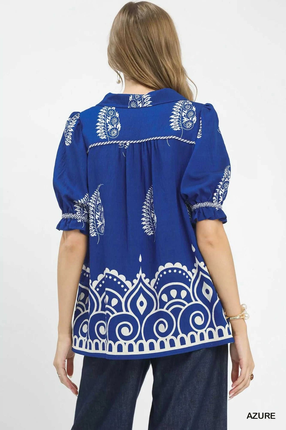 Umgee Printed Puff Sleeve Split Neck Top 100100188901926 47 Affordable Fashion Under $100 Jerry's Apparel 