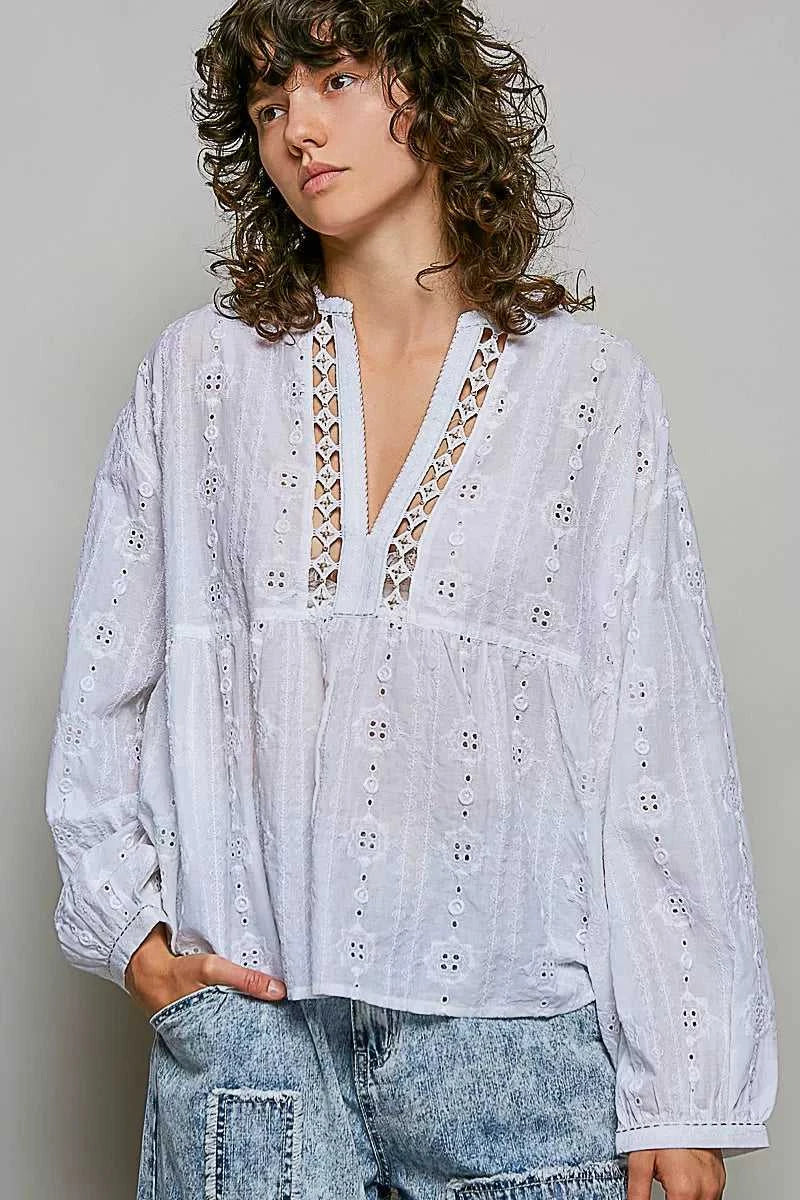 POL Lace Eyelet Long Sleeve Cotton Blouse 100100414481960 66 Affordable Fashion Under $100 Jerry's Apparel 