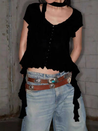 Ruffle Trimmed V-Neck Short Sleeve Lace Top 100100737480455 37 Affordable Fashion Under $100 Jerry's Apparel 