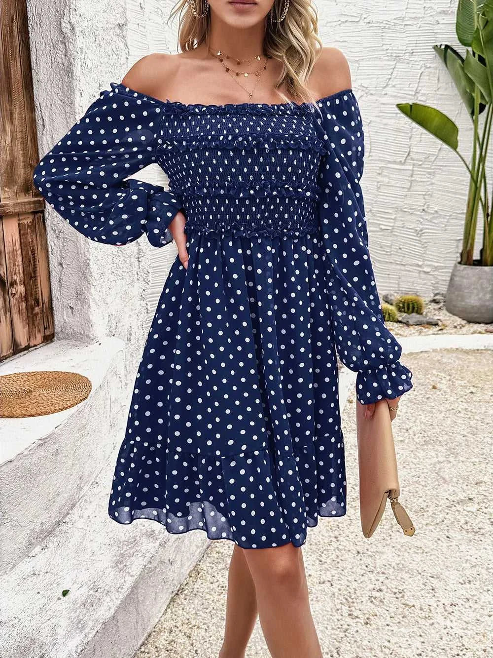 Devine Smocked Polka Dot Long Sleeve Dress 100100845229368 44 Affordable Fashion Under $100 Jerry's Apparel 