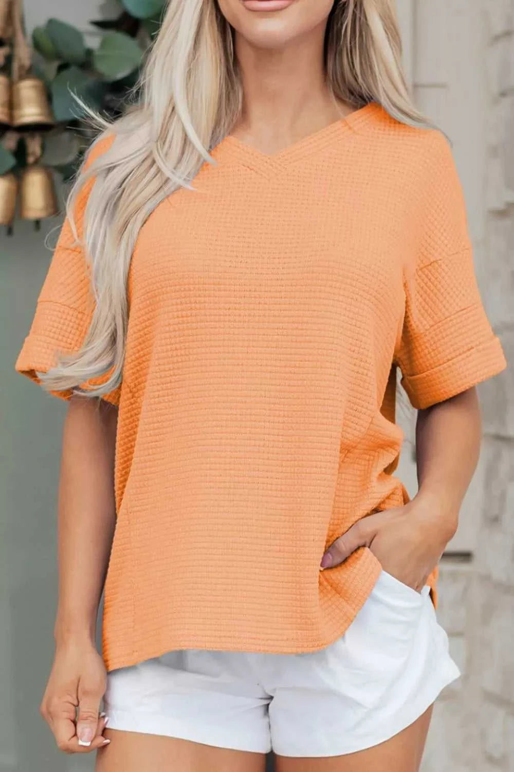 Textured Waffle Knit V-Neck T-Shirt 100100332511740 29 Affordable Fashion Under $100 Jerry's Apparel 