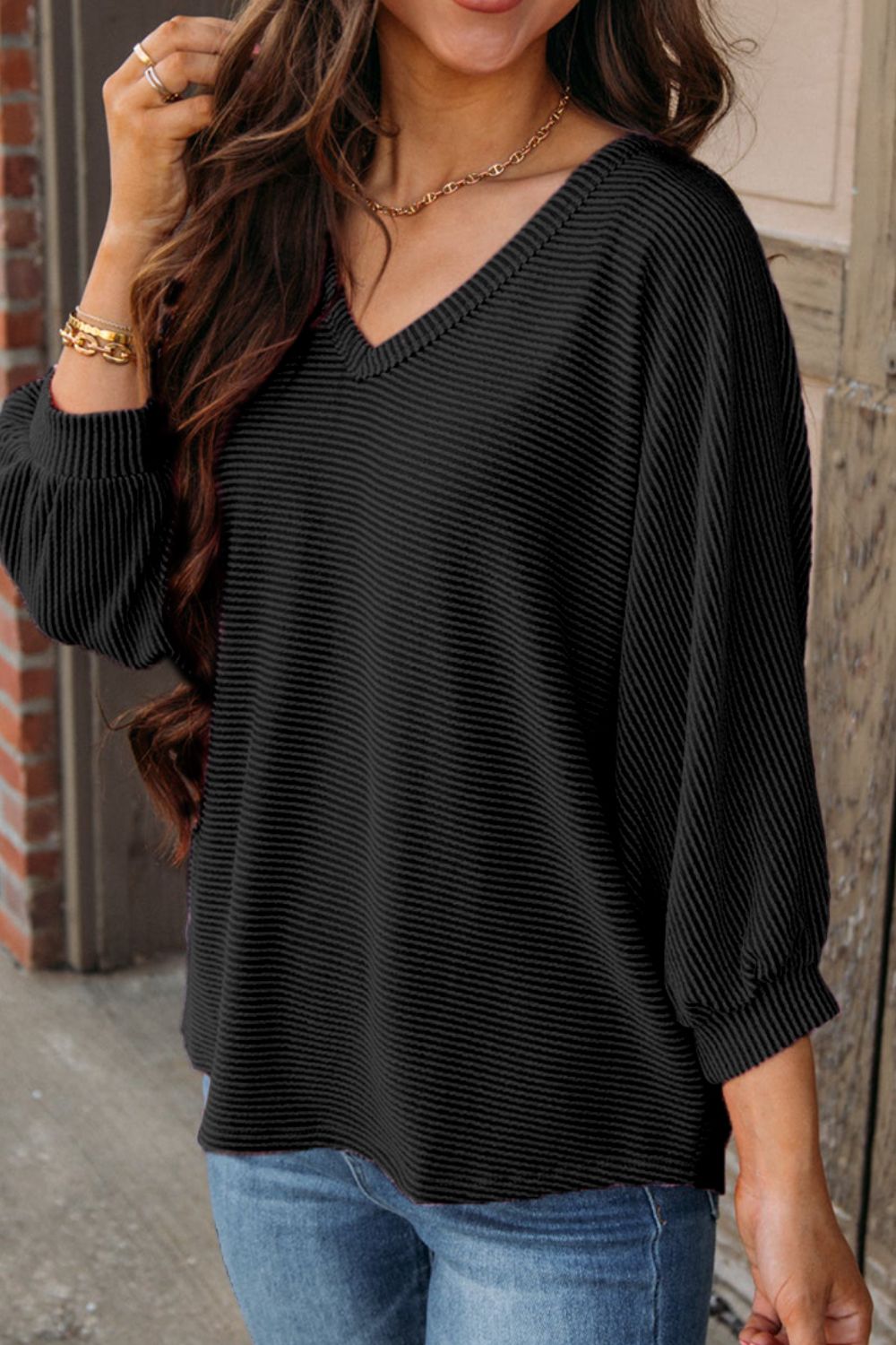 Texture V-Neck Long Sleeve Top