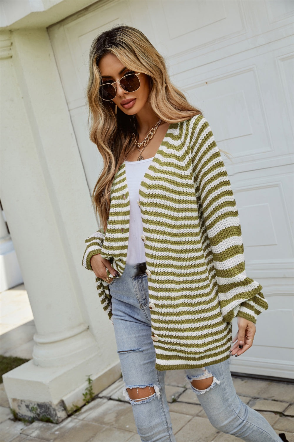 Angel Wings Striped Button Up Long Sleeve Cardigan