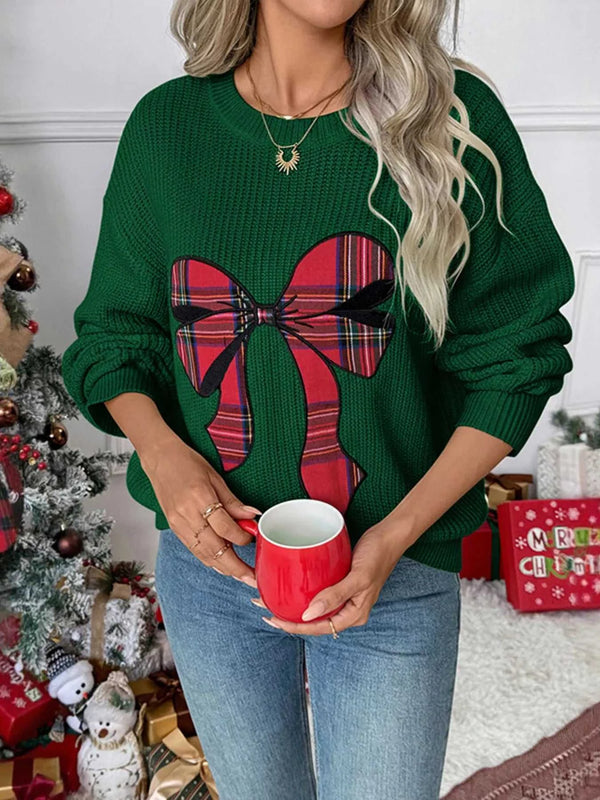 Plaid Bow Round Neck Christmas Sweater 100100324162161 62 Affordable Fashion Under $100 Jerry's Apparel 