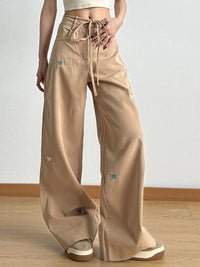 Bow Embroidered Wide Leg Drawstring Casual Pants