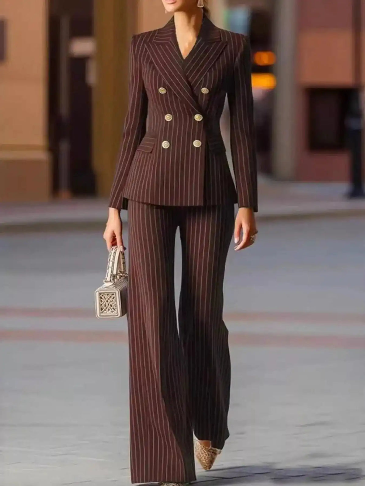 Double-Breasted Pinstripe Blazer and Wide-Leg Pants Set 101001905010997 103 Gifts for Her Jerry's Apparel 