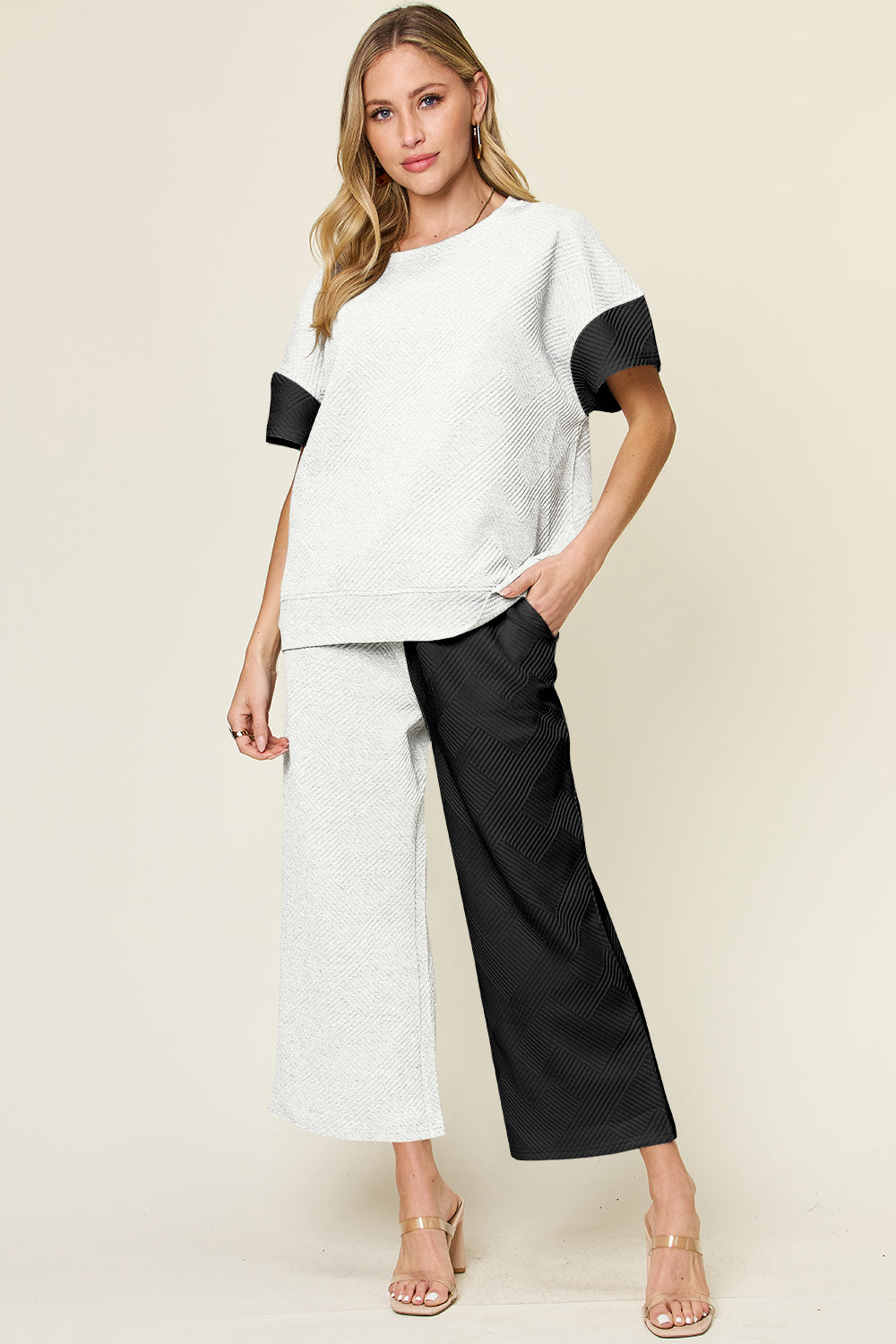 Double Take Full Size Texture Contrast T-Shirt and Wide Leg Pants Set