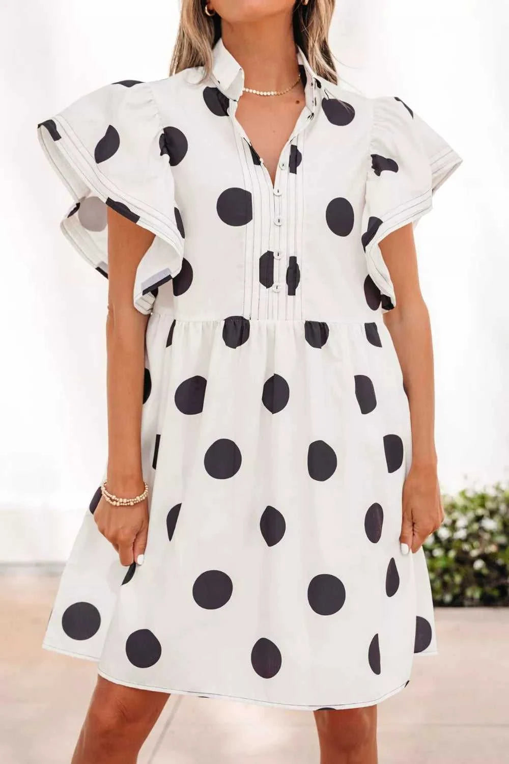 Polka Dot Print Half Button Ruffled Short Sleeve Loose Mini Dress 100100012871673 57 Affordable Fashion Under $100 Jerry's Apparel 