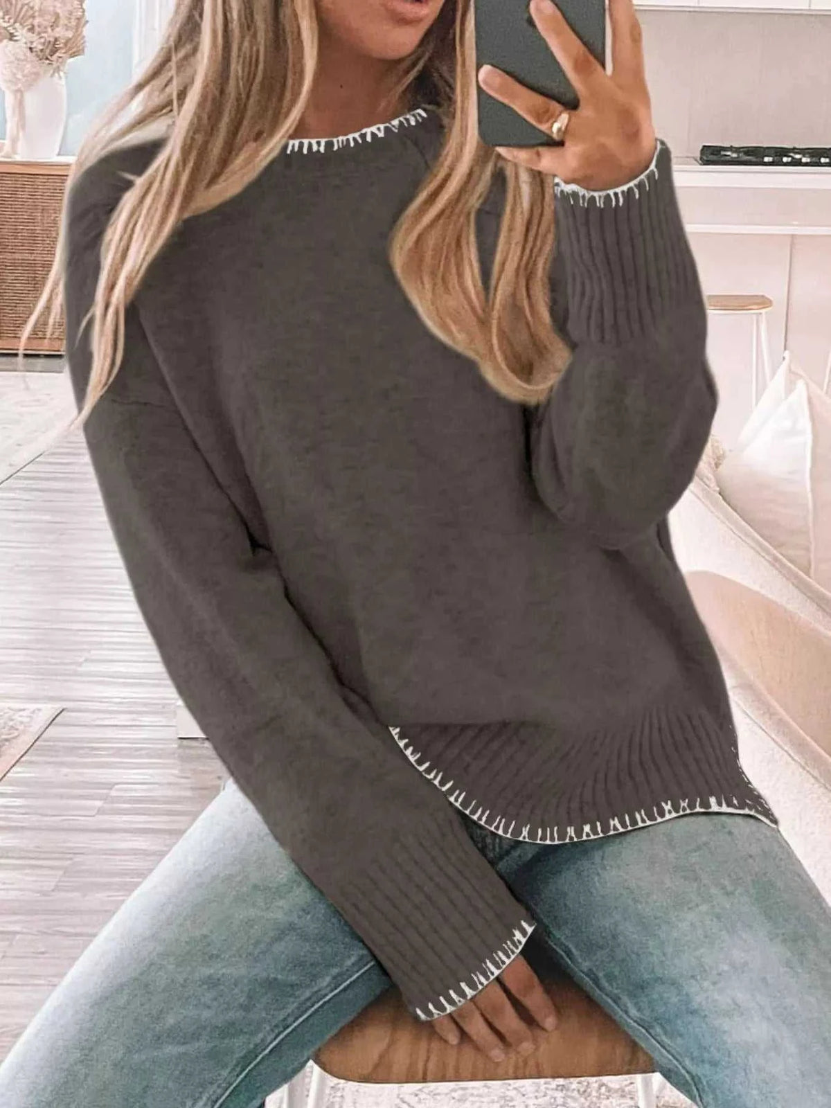 Slit Contrast Trim Round Neck Sweater 100100361481876 46 Affordable Fashion Under $100 Jerry's Apparel 