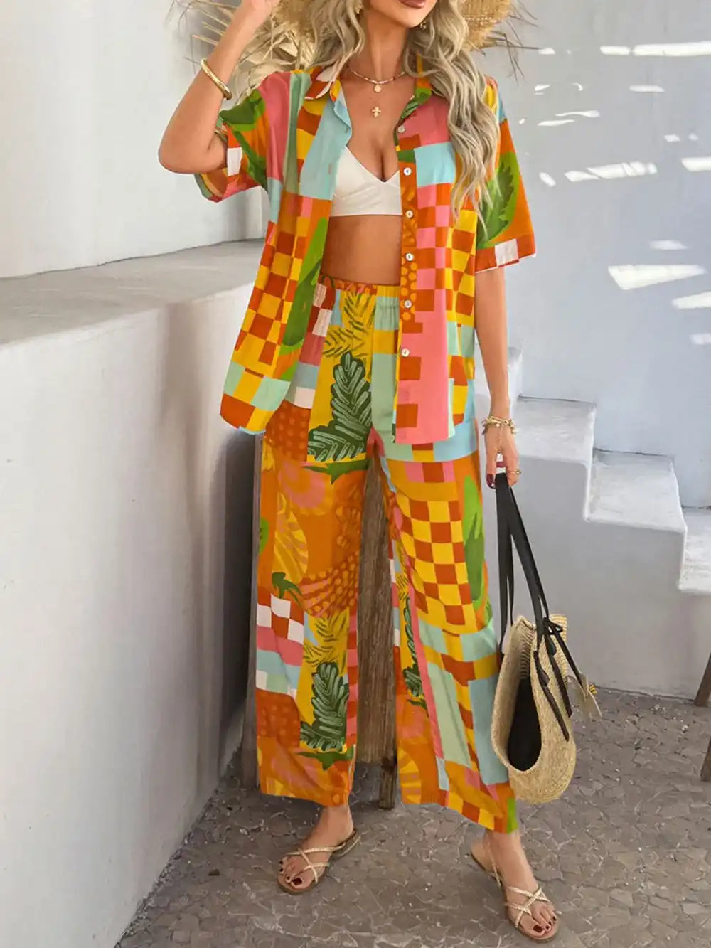 Devine Printed Button Down Shirt and Pants Set 100100774461792 54 Gifts for Her Jerry's Apparel 