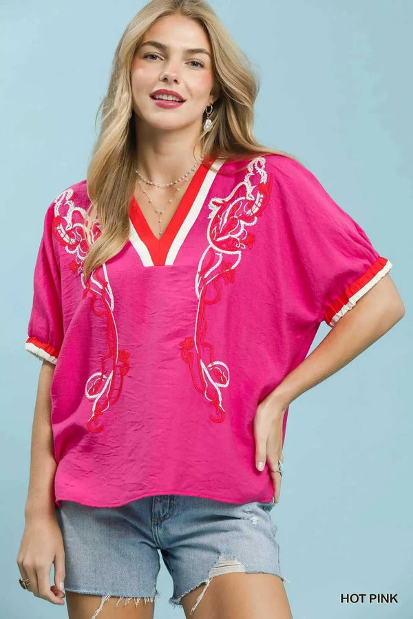 Umgee Embroidered Floral V-Neck Short Sleeve Blouse with Contrast Trim 100100890601360 53 Affordable Fashion Under $100 Jerry's Apparel 