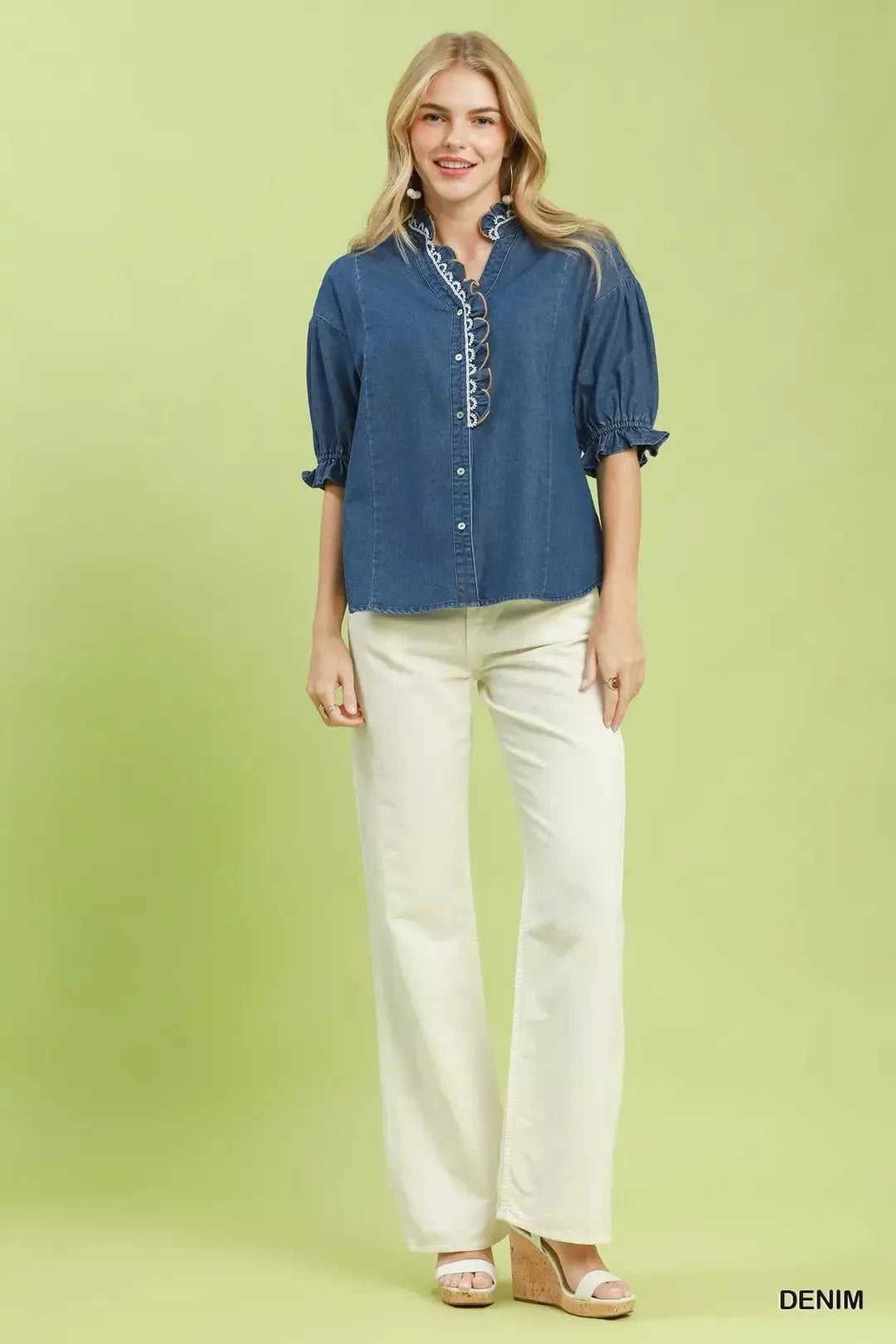 Umgee Chambray Scalloped Trim Button Front Blouse 100100023281071 57 Affordable Fashion Under $100 Jerry's Apparel 
