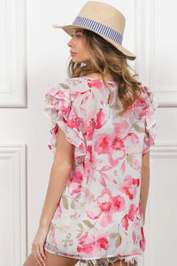 BiBi Floral Print Flutter Sheer Top