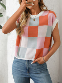 Mandy Checkered Round Neck Cap Sleeve Knit Top