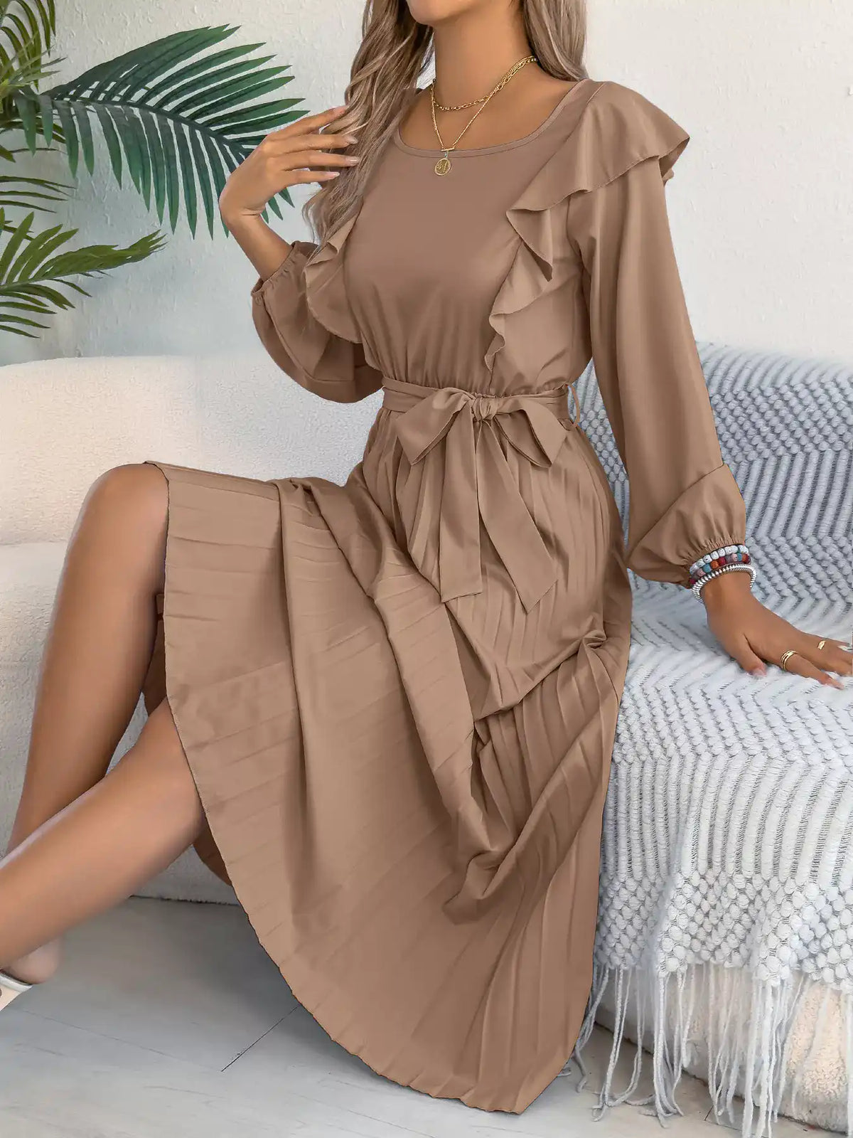 Ruffled Pleated Midi Dress with Waist Tie 101001197851740 44 Affordable Fashion Under $100 Jerry's Apparel 