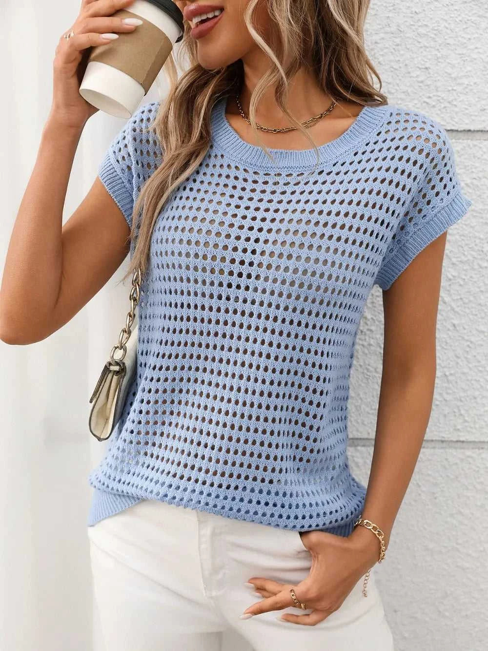Openwork Round Neck Short Sleeve Knit Cover Up 100100244781953 22 Affordable Fashion Under $100 Jerry's Apparel 