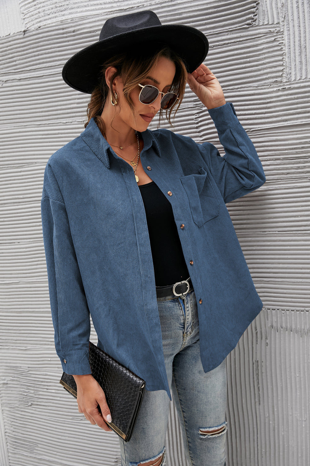 Mandy Button Front Drop Shoulder Corduroy Shirt