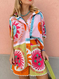 Printed Button Up Shirt and Shorts Set