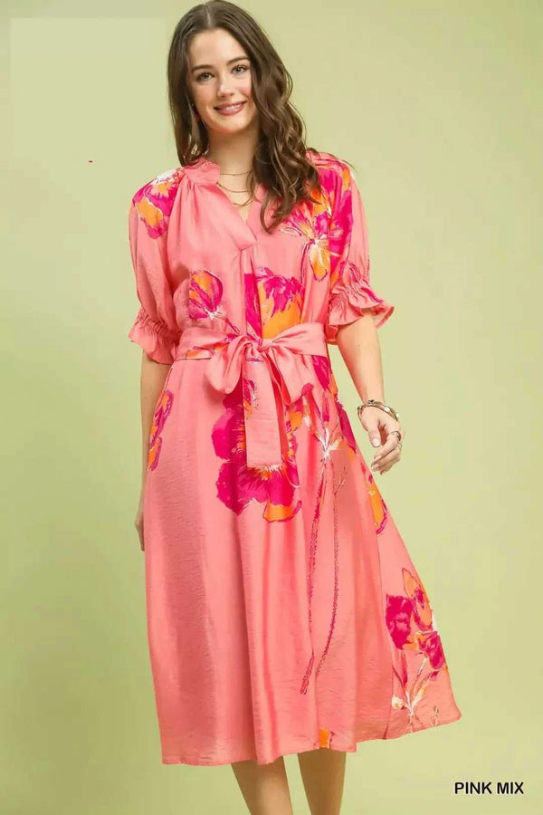 Umgee Floral Flounce Sleeve Midi Dress with Belted 100100356091904 66 Affordable Fashion Under $100 Jerry's Apparel 
