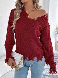 V-Neck Distressed Hem Cable Knit Sweater 101002745879602 36 Affordable Fashion Under $100 Jerry's Apparel 