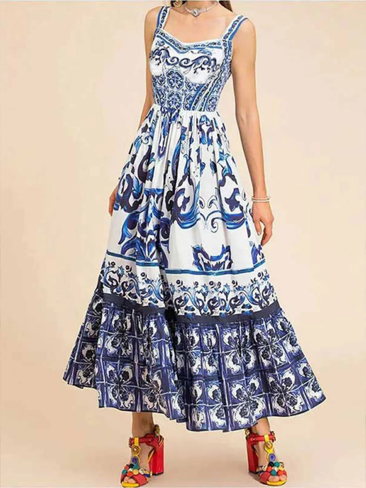 Full Size Printed Sweetheart Neck Maxi Cami Dress Plus Size