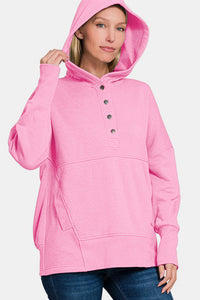 Zenana Half Snap Long Sleeve Hoodie with Kangaroo Pocket