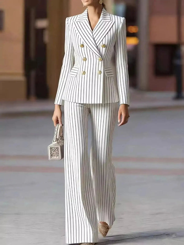 Double-Breasted Pinstripe Blazer and Wide-Leg Pants Set 101001905010997 103 Gifts for Her Jerry's Apparel 