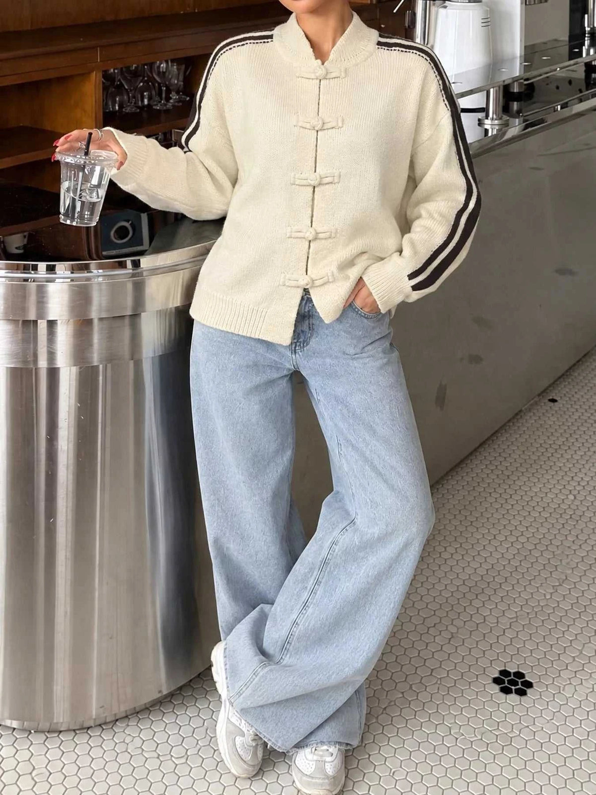 Chinese Knot Button Cardigan with Contrast Side Stripes 101002959338177 61 Affordable Fashion Under $100 Jerry's Apparel 