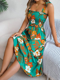 Smocked Floral Tie Shoulder Midi Dress